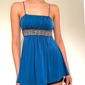 Come Como Blue Beaded Babydoll Top